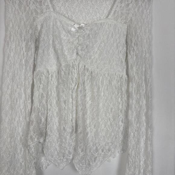 French Twist White Lace Front Open Slit Satin bow Long Sleeve Blouse Size: M - Picture 3 of 7
